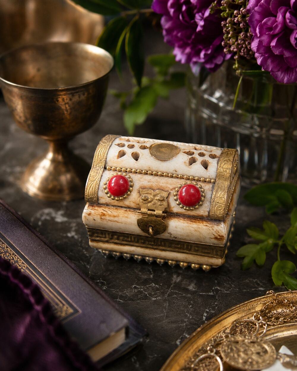 Vintage Bone & Brass Jewelry Box Purple Velvet Lined Keepsake Trinket Box